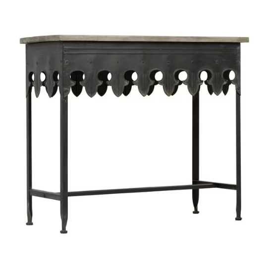 "Creative Co-Op Rustic Farmhouse Metal Console Table with Solid Wood Top."