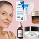 A woman with fair skin and light hair smiles slightly, positioned next to various eye care products for wrinkles
