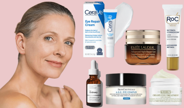 A woman with fair skin and light hair smiles slightly, positioned next to various eye care products for wrinkles