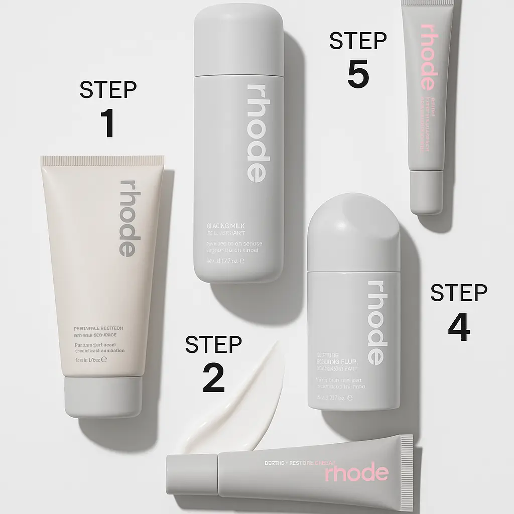 Step-by-step Rhode skincare routine with cleanser, glazing milk, serum, barrier cream, and lip balm.