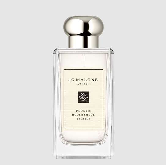 "A clear glass bottle of Jo Malone London Peony & Blush Suede Cologne with a silver cap and a white label featuring black text". 