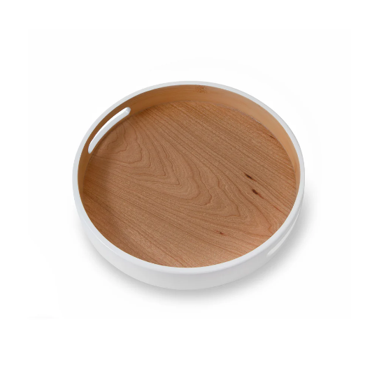 Kassatex Lacca Nesting Round Tray white with wood interior.