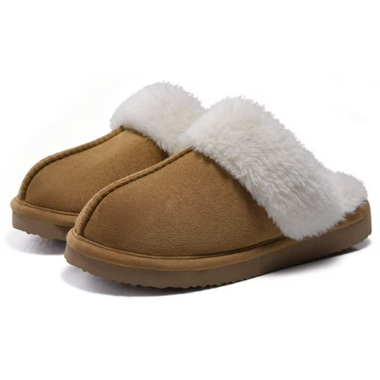 A pair of brown Litfun Women's Fuzzy Memory Foam Slippers with white faux fur lining
