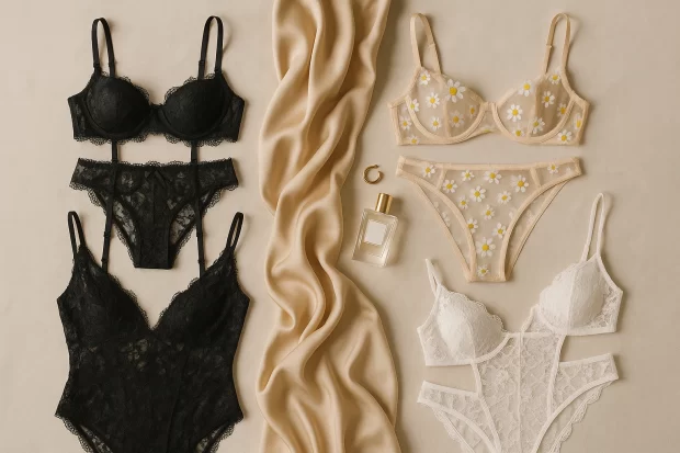 Flat lay of four Nasty Gal lingerie sets including a black lace bodysuit, white lace cutout lingerie set, embroidered daisy lingerie set, and sheer black lace set on a soft neutral background.