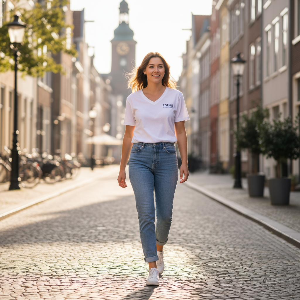 Core V-Neck T-shirt by Forme Science styled with denim.